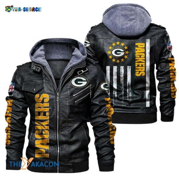 Green Bay Packers NFL USA Flag retro mens Leather Jacket