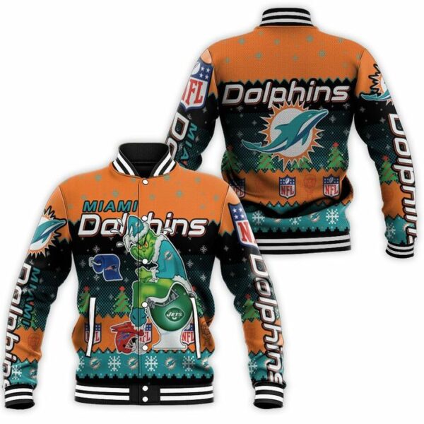 Miami NFL Dolphins 3D Baseball Jacket Christmas Grinch In Toilet Christmas Knitting