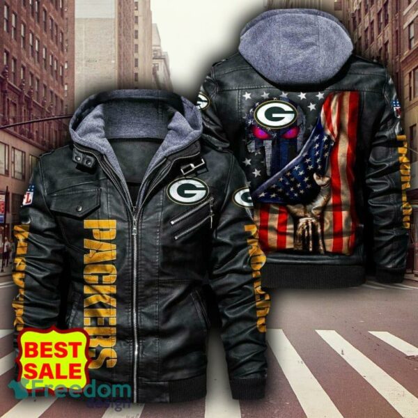 NFL Green Bay Packers skull american flag mens Leather Jacket