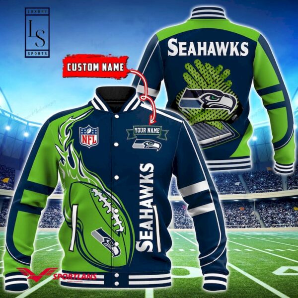 Seattle Seahawks Fire Ball Custom Name Baseball Jacket