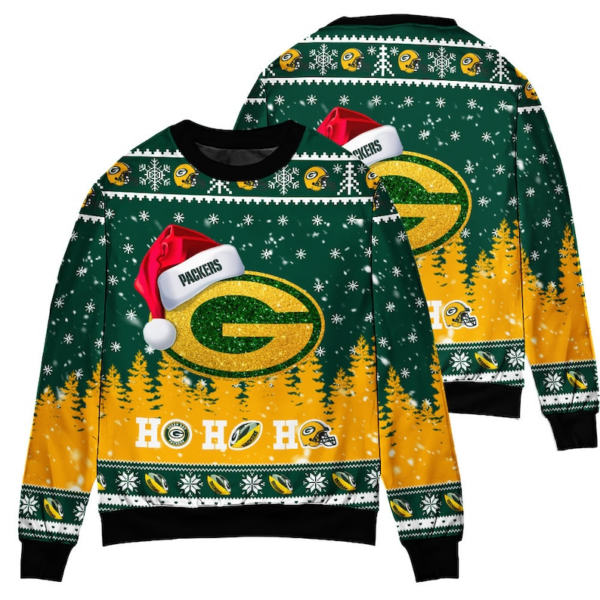 Green Bay Packers Symbol Wearing Santa Claus Hat Ho Ho Ho Ugly Christmas Sweater