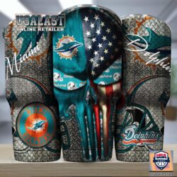 Great Miami Dolphins Punisher Skull American Flag Steel Tumbler