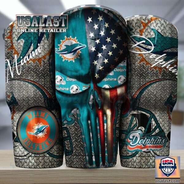 miami dolphins punisher skull american flag steel tumbler 1 eHu1v