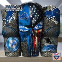 Detroit Lions Punisher Skull American Flag Steel Tumbler