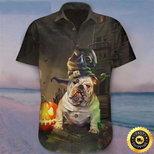 Bulldog Halloween Aloha Beach Summer Short Sleeve Hawaiian Shirts Men