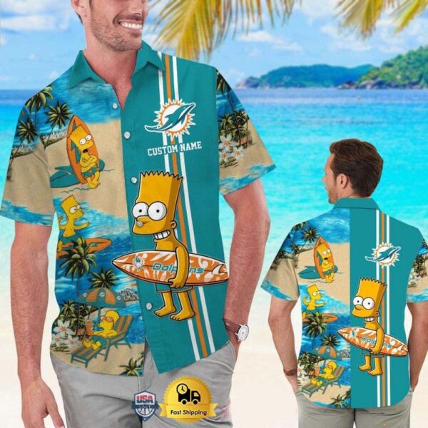 Custom Name NFL Miami Dolphins Special Bart Simpson Tropical Hawaiian Shirt