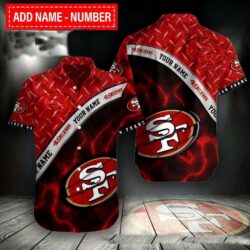 Fiery Red 49ers Fanfare Aloha Hawaiian Shirt With Custom Name Option