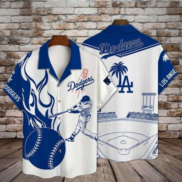 Fiery Swing Blue And White LA Dodgers Baseball Hawaiian Shirt