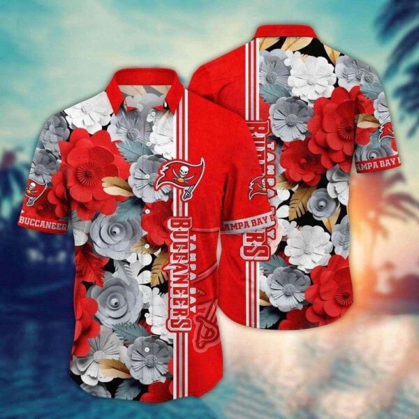 Floral Contrast Tampa Bay Buccaneers Hawaiian Shirt – Red And Grey Botanicals