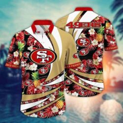 Golden State Floral Swirl – Tropical Pineapple Pattern Hawaiian 49ers Shirt