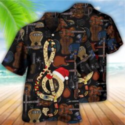 Guitar Happy Merry Christmas Aloha Hawaiian Shirt For Summer Guitar Music Note Hawaiian Shirts Outfit For Men Women Music Guitar Lovers