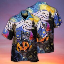 Halloween Black Cat Hawaiian Shirt Black Cat Starry Night Funny Cat Aloha Shirt For Men WomenHalloween Gift For Members Family Friends