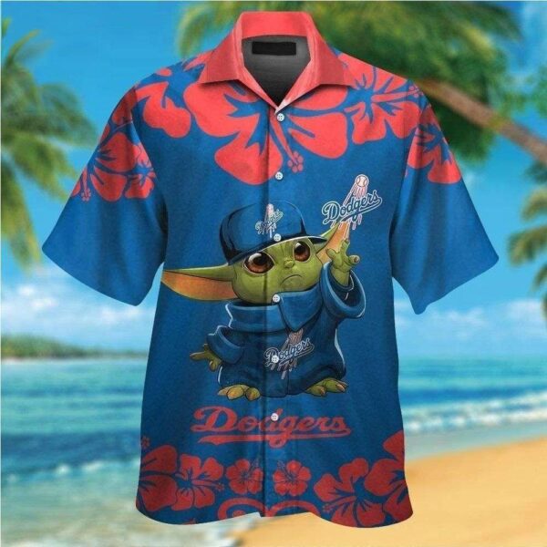 Hawaiian Dodgers Shirt Featuring Baby Yoda Graphic And Hibiscus Motif