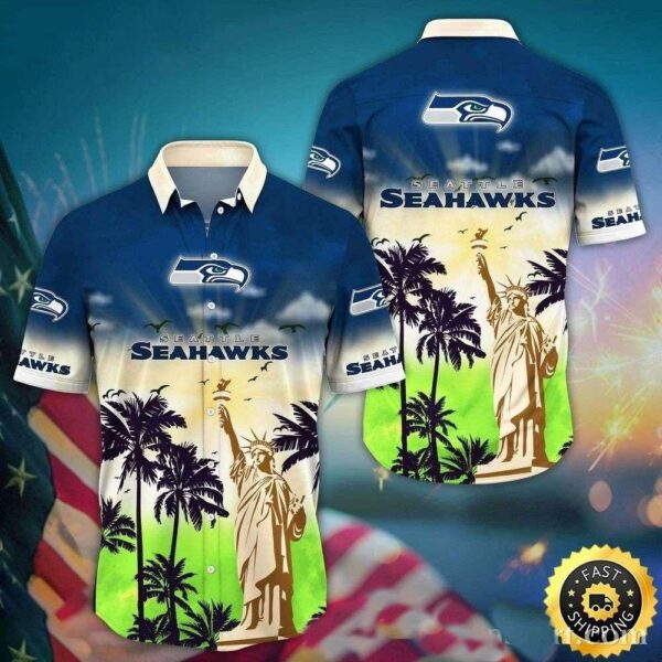 Iconic Landmarks Seattle Seahawks Hawaiian Shirt – Liberty At Sunset Edition