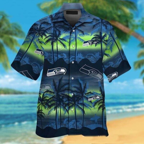 Island Interception – Seahawks Blue Fade Palm Hawaiian Shirt