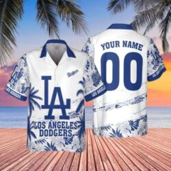 LA Dodgers White And Blue Palms Custom Name Hawaiian Shirt