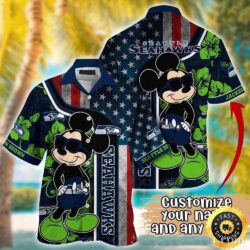 Mickey Graphics With American Flag Background Seattle Seahawks Hawaiian Shirt