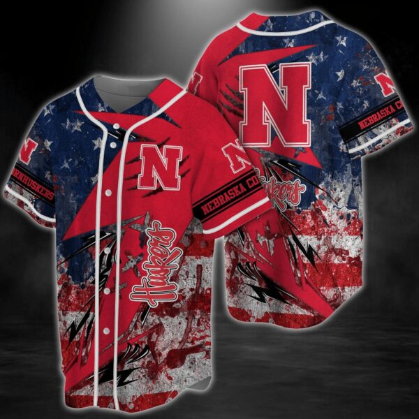 Nebraska Cornhuskers NCAA Baseball Jersey Shirt US Flag