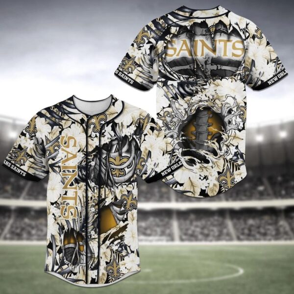 New Orleans Saints NFL Baseball Jersey Shirt – Flower Skeleton Design