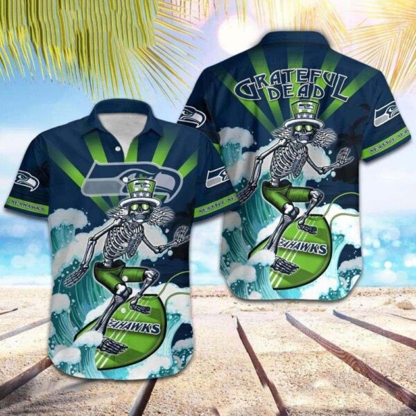 NFL Seahawks Surfer Skeleton Grateful Wave Aloha Shirt