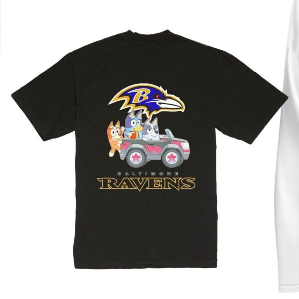 NFL The Bluey Characters Driving Car Baltimore Ravens Shirt, Gift For Football Fans