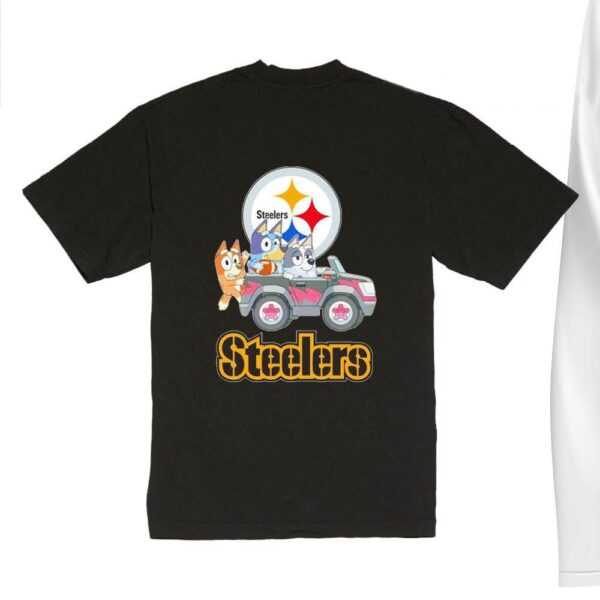 NFL The Bluey Characters Driving Car Pittsburgh Steelers Shirt, Gift For Football Fans