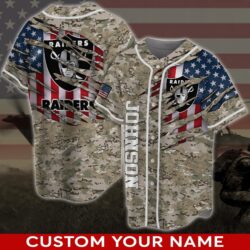 Personalized Oakland Raiders Camo Flag Baseball Jersey Shirt