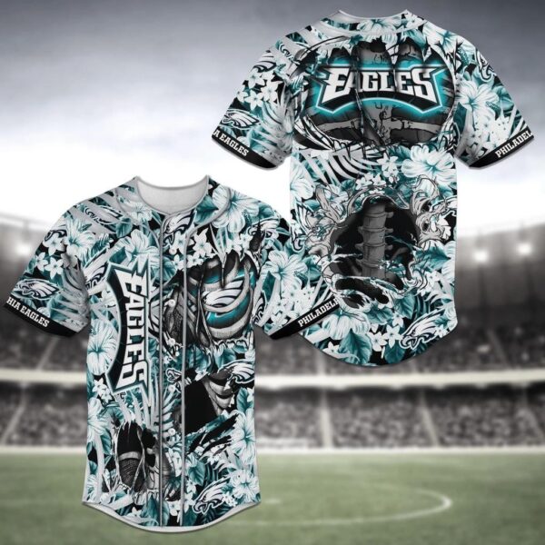 Philadelphia Eagles NFL Baseball Jersey Shirt with Flower Skeleton Design