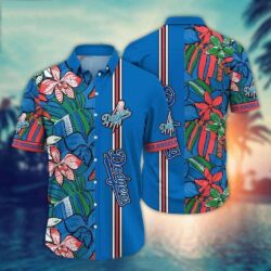 Red Hibiscus And Tropical Leaves Dodgers Aloha Shirt