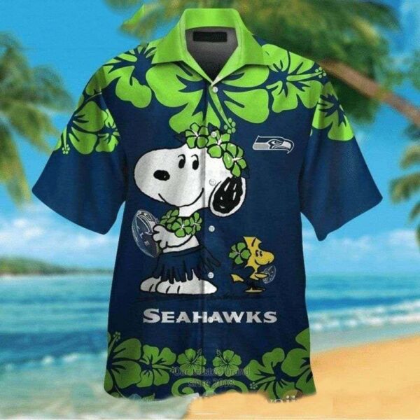 Seahawks Aloha Shirt Adorned With Snoopy Woodstock And Hibiscus Design