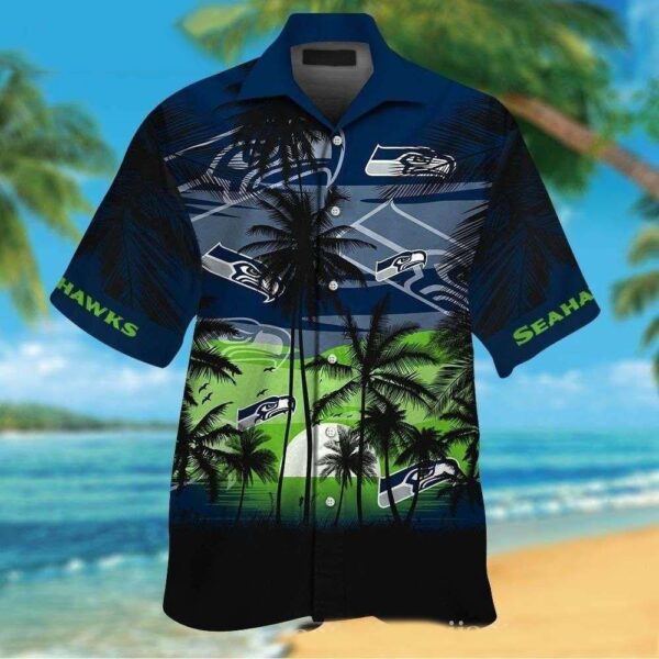 Seahawks Sunset Sway Hawaiian Shirt – Tropical Palms Gradient Sky