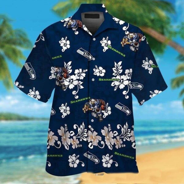 Seattle Seahawks Floral And Mascot Midnight Blue Hawaiian Shirt