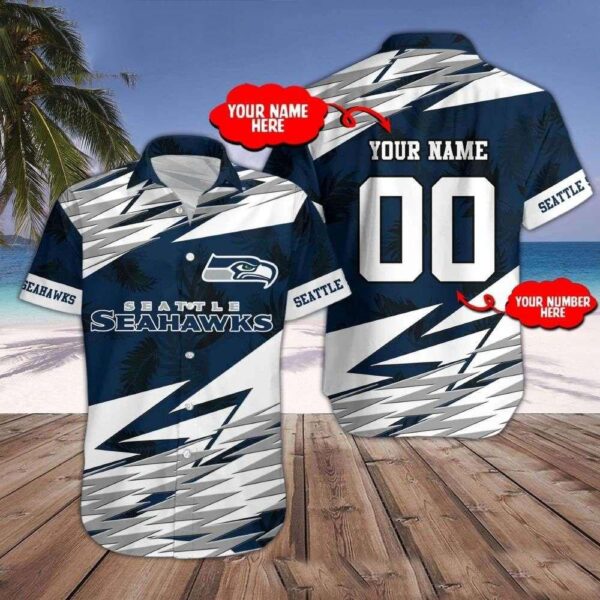 Seattle Seahawks Personalized Navy White Abstract Hawaiian Shirt