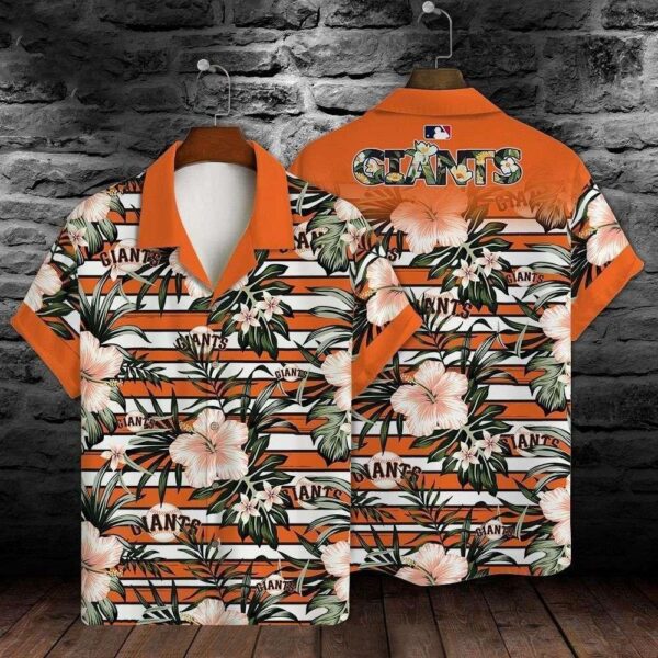 SF Giants Orange Hibiscus Striped Hawaiian Shirt – Giants Tropical Hawaiian Shirt