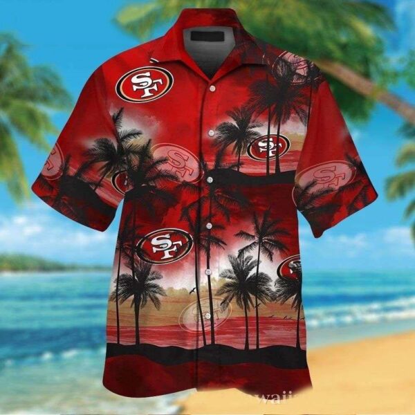 Tropical Sunset 49ers Hawaiian Shirt – Red Black Palm Silhouette