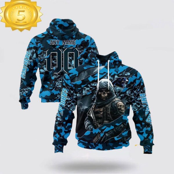 Custom Name And Number NFL Carolina Panthers Skeleton Soldier Halloween 3D Hoodie Shirt