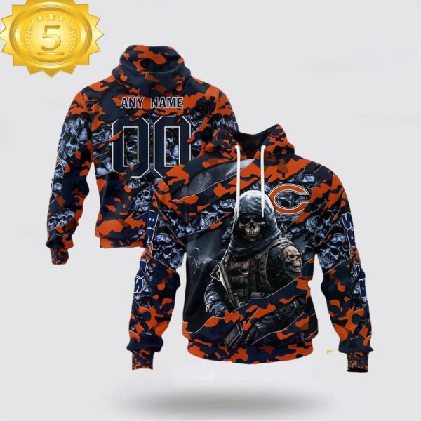 Custom Name And Number NFL Chicago Bears Skeleton Soldier Halloween 3D Hoodie Shirt