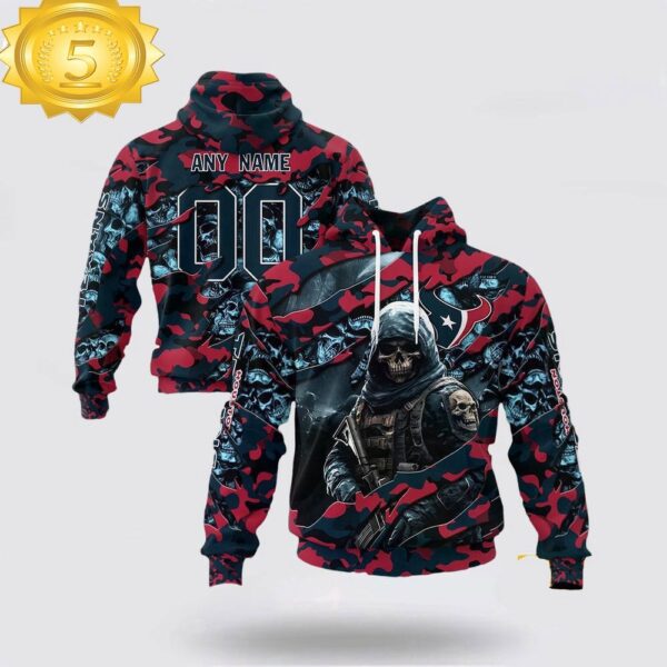 Custom Name And Number NFL Houston Texans Skeleton Soldier Halloween 3D Hoodie Shirt