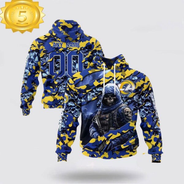 Custom Name And Number NFL Los Angeles Rams Skeleton Soldier Halloween 3D Hoodie Shirt