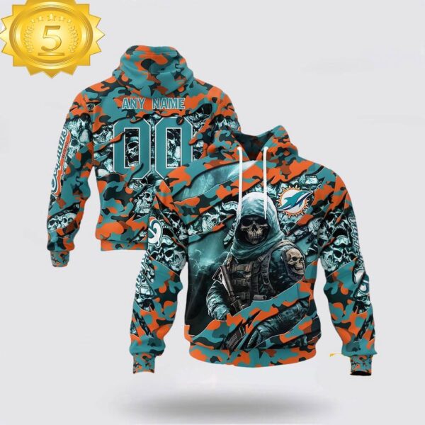 Custom Name And Number NFL Miami Dolphins Skeleton Soldier Halloween 3D Hoodie Shirt