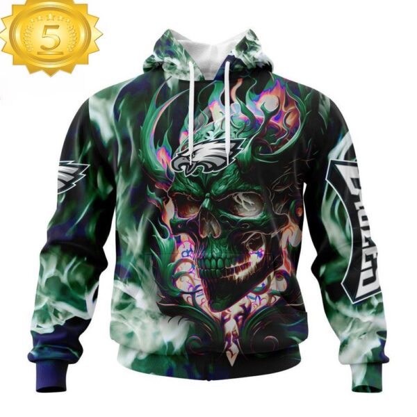 Custom Name And Number NFL Philadelphia Eagles Skull Happy Halloween 3D Hoodie Shirt