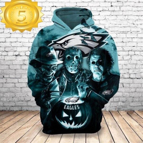 Freddy Jason Michael Myers Loves Philadelphia Eagles Pumpkin Head Halloween Hoodie 3d