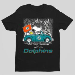 Snoopy and Woodstock Peanuts Just A Girl Who Lover Christmas And Love Miami Dolphins shirt