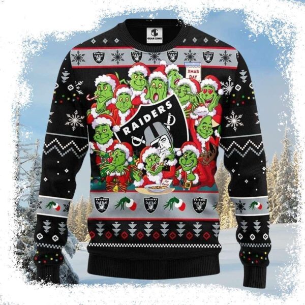 12 Grinch And Raiders Logo Print Ugly Christmas Sweater – Stand Out In Style - available at - rugbyfanstore.com