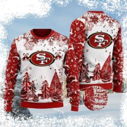 Show your 49ers pride this holiday season with our stylish white and red snowflake Christmas sweater! Perfect for game day or cozy nights in, this sweater is sure to turn heads. Shop now and get ready - Image 1 - rugbyfanstore.com