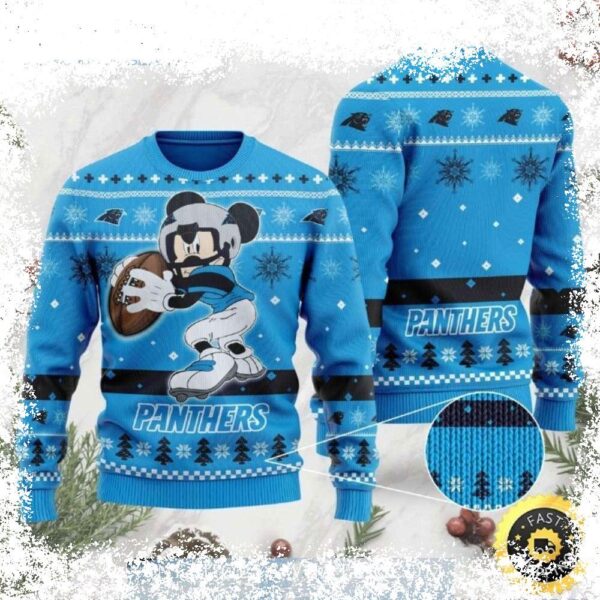 Show your Carolina Panthers pride this Christmas with this fun Mickey Mouse football sweater! Featuring a festive design and the team's colors, this sweater is perfect for game day or cozy nights in. - Image 1 - rugbyfanstore.com