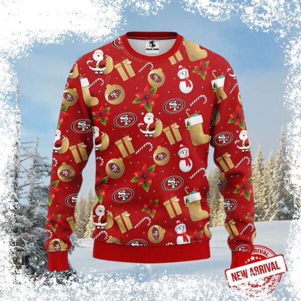 Show your 49ers pride this holiday season with this festive ugly Christmas sweater featuring Santa and a snowman. Perfect for game day or holiday gatherings! Shop now and get ready to spread the cheer - Image 1 - rugbyfanstore.com