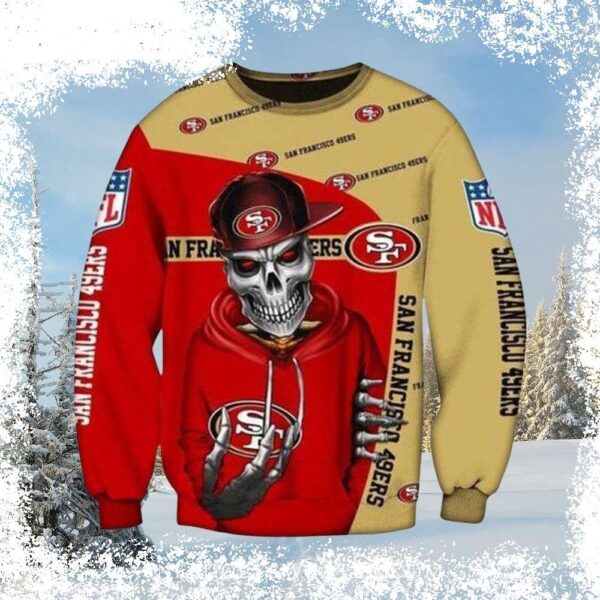 Show your 49ers pride this holiday season with this hilarious skeleton-in-hoodie ugly Christmas sweater! Perfect for parties, tailgates, or just lounging around the house. Shop now and get ready to sp - Image 1 - rugbyfanstore.com