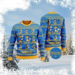 Show your Chargers pride this holiday season with this hilarious Mickey Mouse Ugly Christmas Sweater! Perfect for game day or any festive gathering. Shop now and get ready to jingle all the way! - Image 1 - rugbyfanstore.com