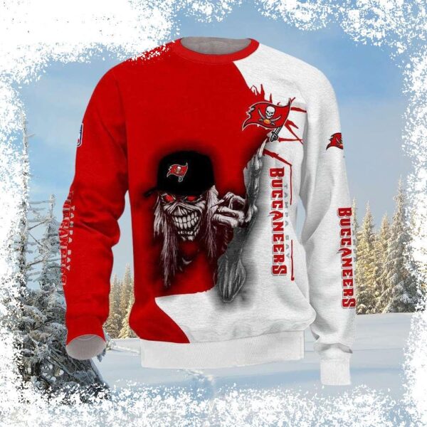 Show your Tampa Bay Buccaneers pride with this horrifyingly awesome Iron Maiden skull Ugly Christmas sweater! Perfect for rocking out at the game or spreading holiday cheer. Shop now! - Image 1 - rugbyfanstore.com